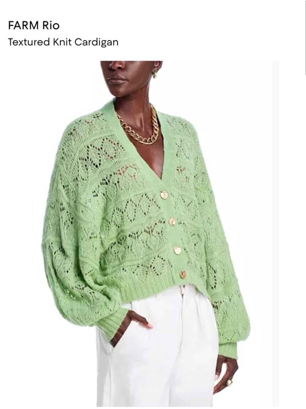 FARM Rio Light Green Openwork V-Neck Cardigan with Gold Buttons